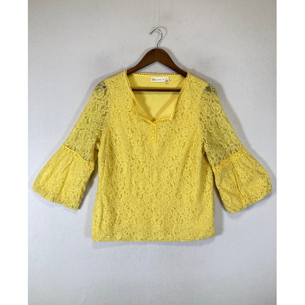Sunny Romantic Rafaella Womens Size Medium Yellow Floral Lace Bell Sleeve Blouse